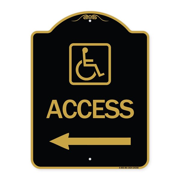 Access W/ Updated Isa and Left Arrow, Black & Gold Aluminum Architectural Sign, 18" H, BG-1824-24358